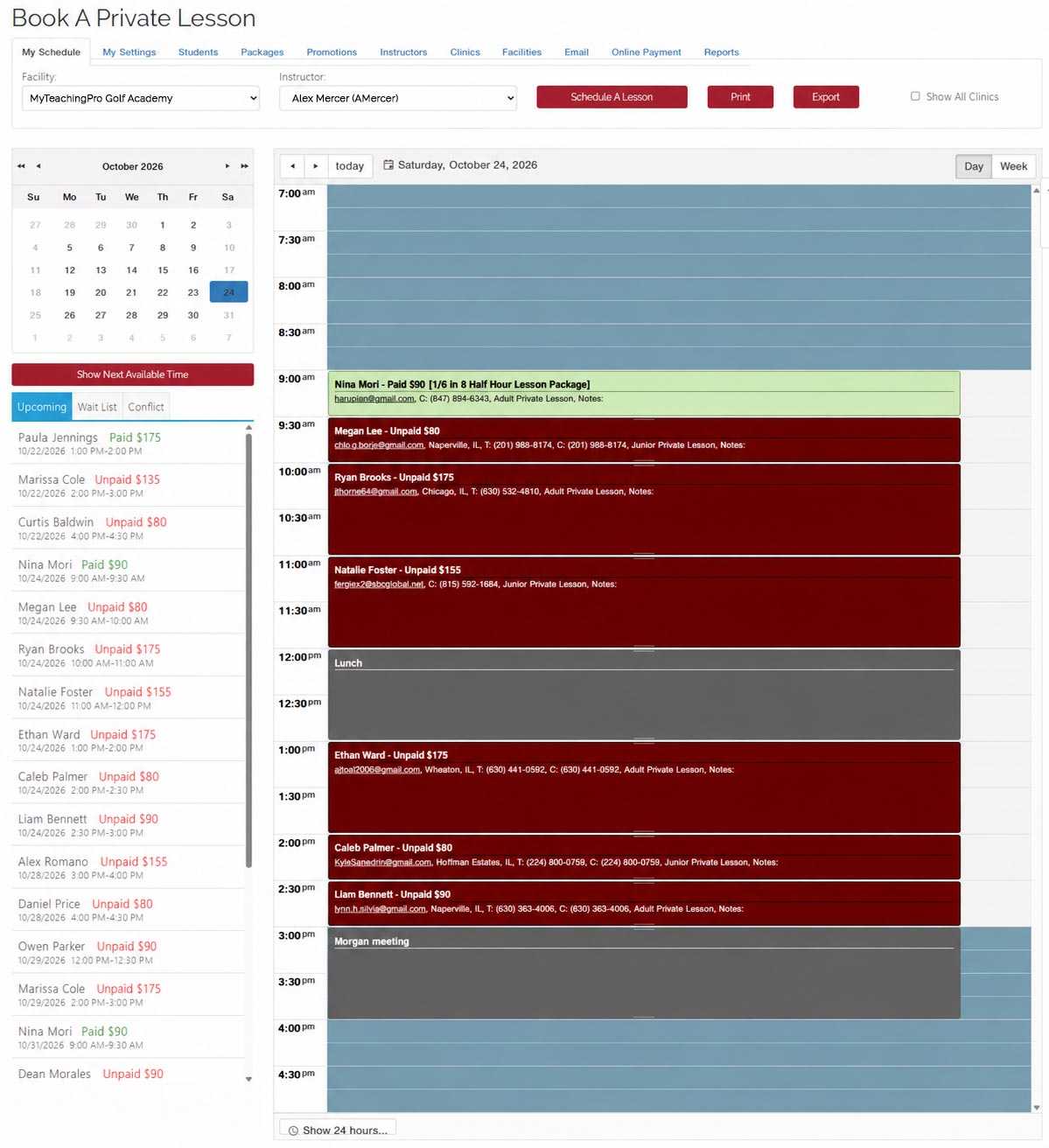 Instructor schedule showing daily lessons, availability, and payment status