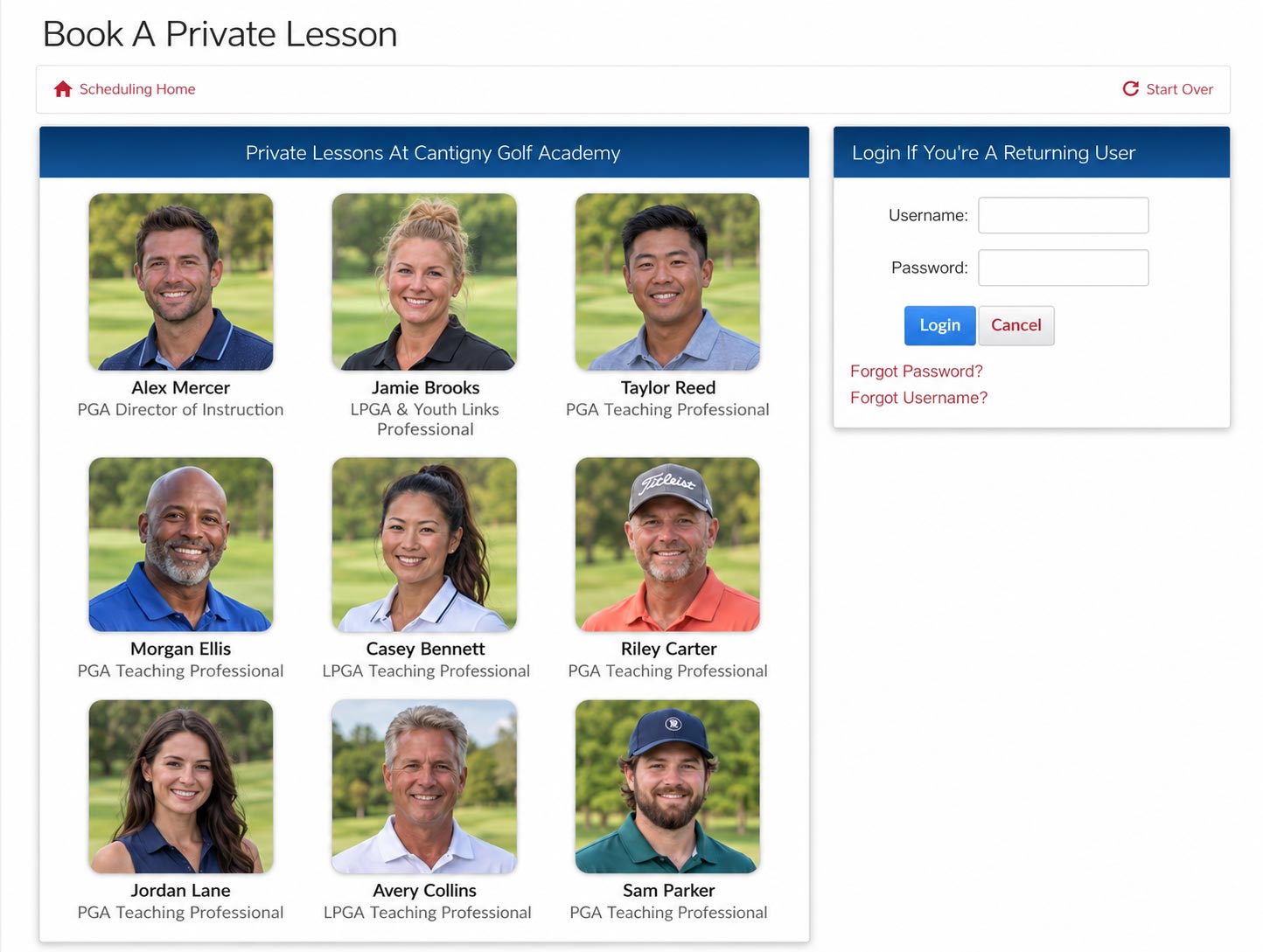 Student booking screen with nine golf instructors and profile photos