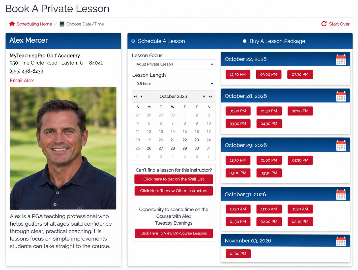 Lesson booking screen for golf instructors, with portrait, bio, and available dates and times